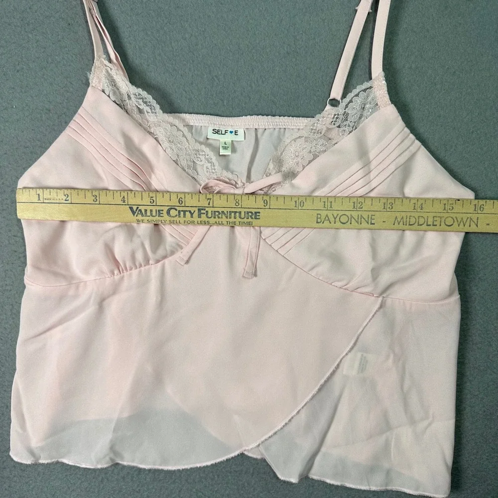 Selfie Y2K Ballerina Lace Trim Camisole Bow Pintuck Chiffon‎ Top Coquette Pink L